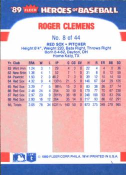 1989 Fleer Heroes of Baseball #8 Roger Clemens Back