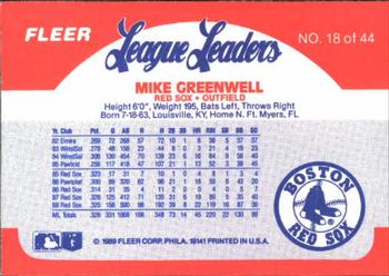 1989 Fleer League Leaders #18 Mike Greenwell Back