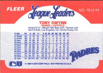 1989 Fleer League Leaders #19 Tony Gwynn Back