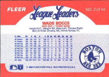 1989 Fleer League Leaders #2 Wade Boggs Back