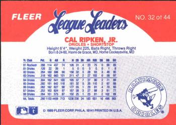 1989 Fleer League Leaders #32 Cal Ripken, Jr. Back