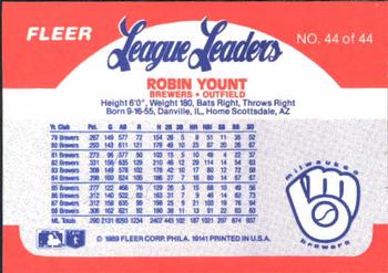 1989 Fleer League Leaders #44 Robin Yount Back