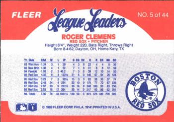 1989 Fleer League Leaders #5 Roger Clemens Back