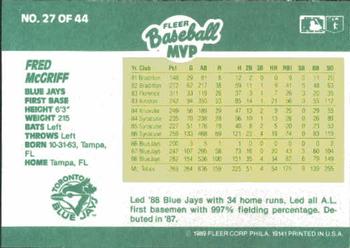 1989 Fleer Baseball MVPs #27 Fred McGriff Back