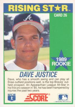 1989 Score Hottest 100 Rising Stars #26 Dave Justice Back