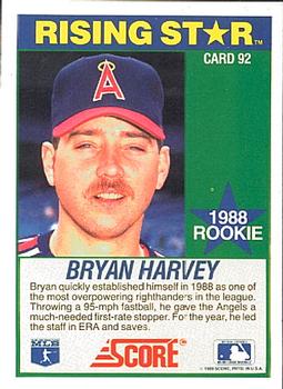 1989 Score Hottest 100 Rising Stars #92 Bryan Harvey Back