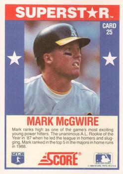 1989 Score Baseball's 100 Hottest Players #25 Mark McGwire Back