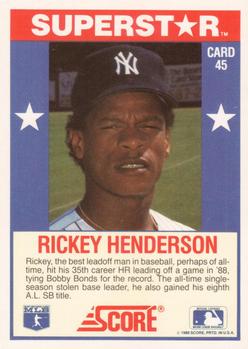 1989 Score Baseball's 100 Hottest Players #45 Rickey Henderson Back