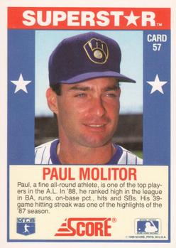 1989 Score Baseball's 100 Hottest Players #57 Paul Molitor Back