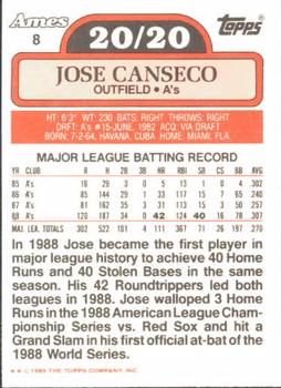 1989 Topps Ames 20/20 Club #8 Jose Canseco Back