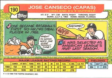 1989 Topps Big #190 Jose Canseco Back