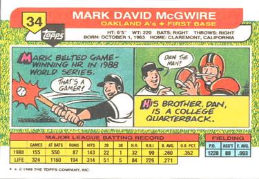 1989 Topps Big #34 Mark McGwire Back
