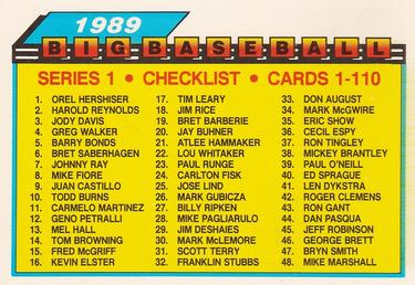 1989 Topps Big #59 Series 1 Checklist: 1-110 Front