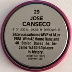 1989 Topps Coins #29 Jose Canseco Back