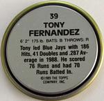 1989 Topps Coins #39 Tony Fernandez Back
