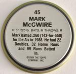 1989 Topps Coins #45 Mark McGwire Back