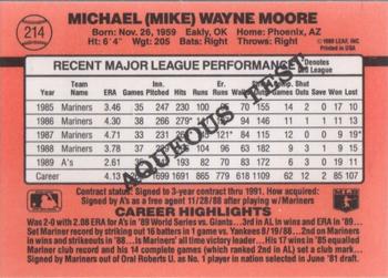 1990 Donruss Aqueous Test #214 Mike Moore Back