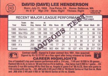 1990 Donruss Aqueous Test #243 Dave Henderson Back