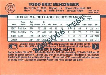 1990 Donruss Aqueous Test #257 Todd Benzinger Back