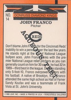 1990 Donruss Aqueous Test #14 John Franco Back