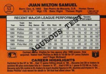 1990 Donruss Aqueous Test #53 Juan Samuel Back