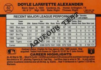 1990 Donruss Aqueous Test #62 Doyle Alexander Back