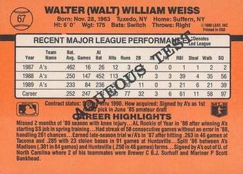1990 Donruss Aqueous Test #67 Walt Weiss Back