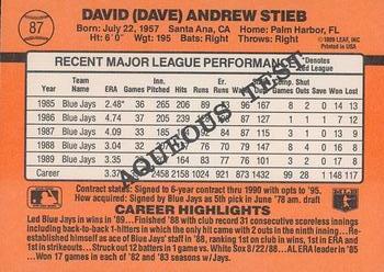 1990 Donruss Aqueous Test #87 Dave Stieb Back