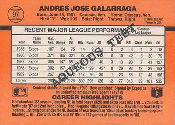1990 Donruss Aqueous Test #97 Andres Galarraga Back