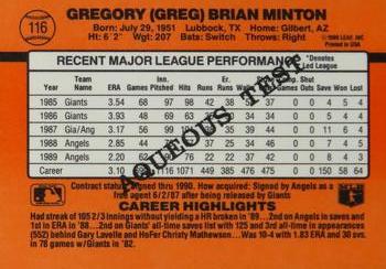 1990 Donruss Aqueous Test #116 Greg Minton Back