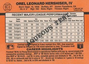 1990 Donruss Aqueous Test #BC-5 Orel Hershiser Back
