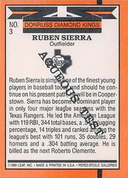1990 Donruss Aqueous Test #3 Ruben Sierra Back