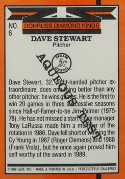 1990 Donruss Aqueous Test #6 Dave Stewart Back