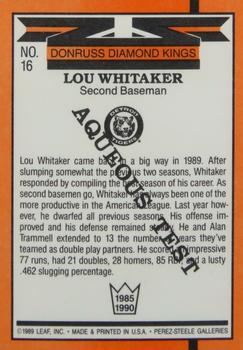 1990 Donruss Aqueous Test #16 Lou Whitaker Back