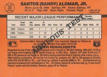1990 Donruss Aqueous Test #30 Sandy Alomar, Jr. Back