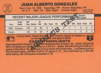 1990 Donruss Aqueous Test #33 Juan Gonzalez Back