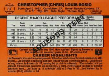 1990 Donruss Aqueous Test #57 Chris Bosio Back