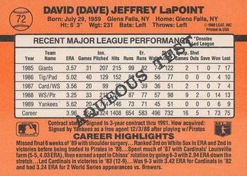 1990 Donruss Aqueous Test #72 Dave LaPoint Back