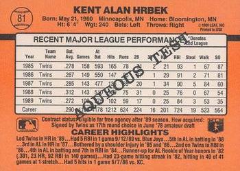 1990 Donruss Aqueous Test #81 Kent Hrbek Back
