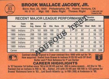 1990 Donruss Aqueous Test #83 Brook Jacoby Back