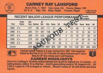 1990 Donruss Aqueous Test #95 Carney Lansford Back