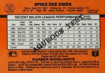 1990 Donruss Aqueous Test #102 Spike Owen Back