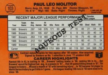 1990 Donruss Aqueous Test #103 Paul Molitor Back