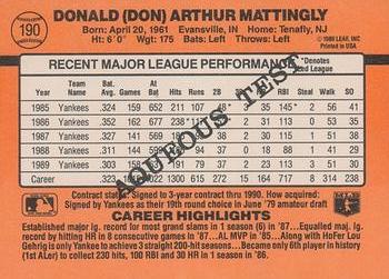 1990 Donruss Aqueous Test #190 Don Mattingly Back