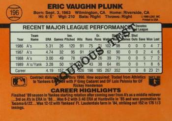 1990 Donruss Aqueous Test #196 Eric Plunk Back