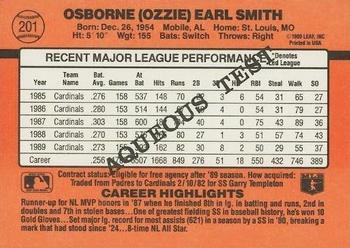 1990 Donruss Aqueous Test #201 Ozzie Smith Back