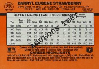 1990 Donruss Aqueous Test #235 Darryl Strawberry Back