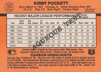 1990 Donruss Aqueous Test #269 Kirby Puckett Back