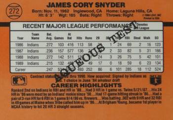 1990 Donruss Aqueous Test #272 Cory Snyder Back