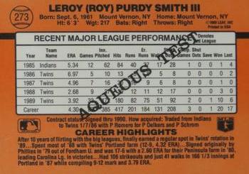 1990 Donruss Aqueous Test #273 Roy Smith Back